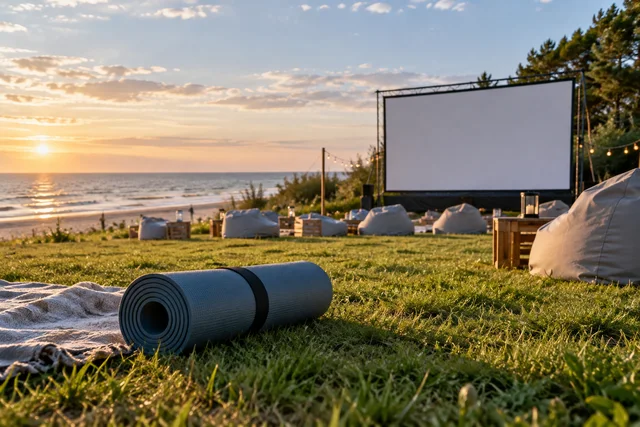 Ilustracja AI: Sezonowe kino plenerowe, joga i imprezy na boisku/plaży